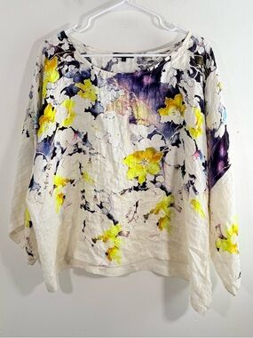 Dressori Purple Yellow Watercolor Floral Silk Blend Blouse Large
